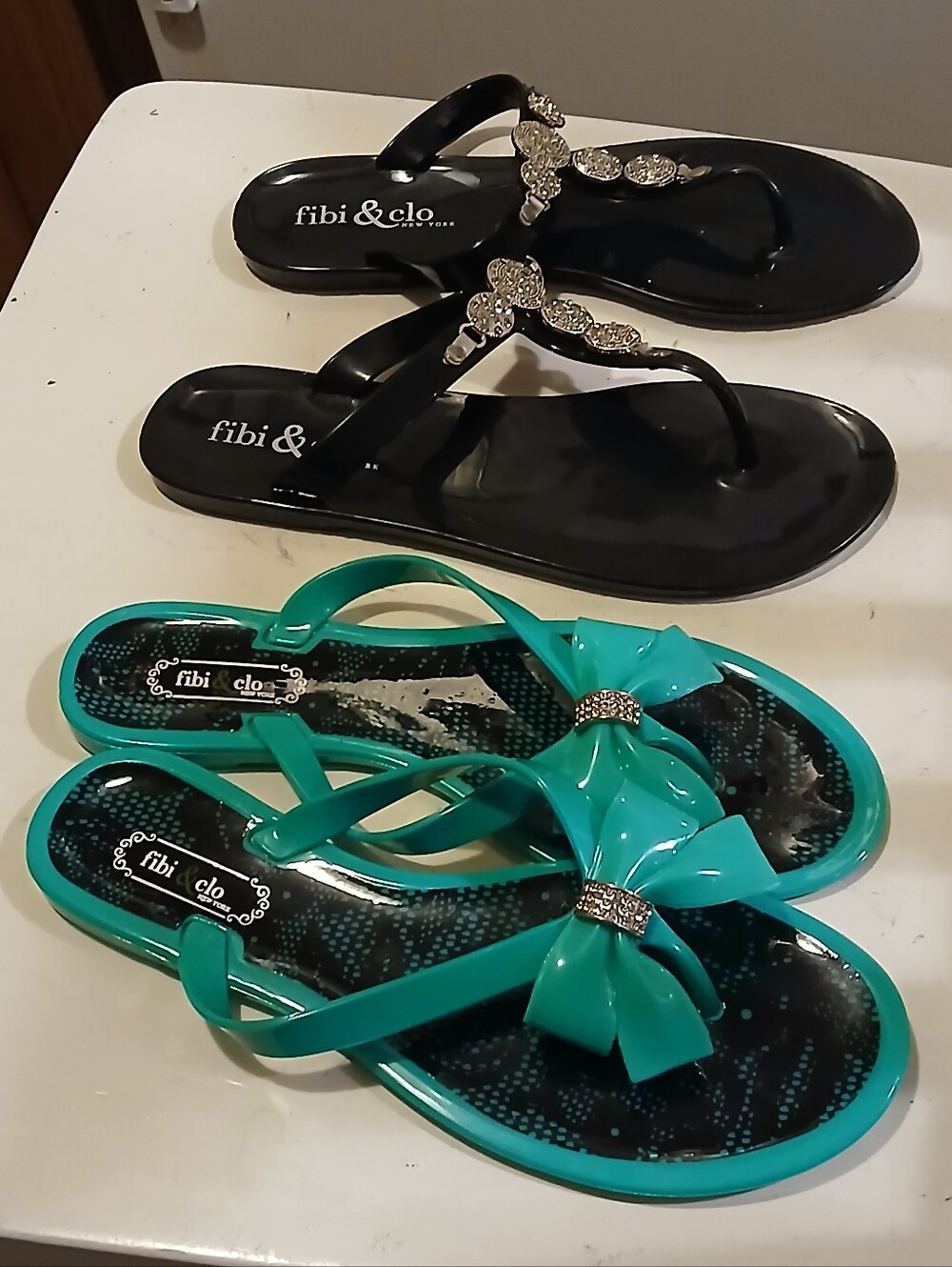 Fibi & Clo Sandal Bundle Set Black Crystal Rhinestone & Teal Blue Bow Sz 38(7-8)